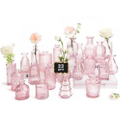  Pink Flower Vase in Bulk 22 Glass Bud Vases Vintage Small Vases for Centerpiece Table Wedding Decorations Home Decor Party (Pink)