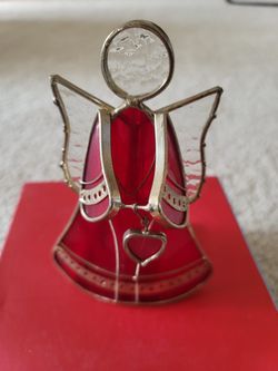 Red Stained Glass Angel Tea Light Candle Holder Christmas Decor