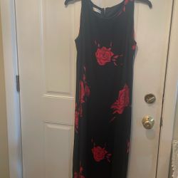Long Black With Red Flowers On Dress Size L 