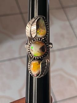 Natural 3-Stone Multicolor Opal Leaf Bezel Set Cocktail Ring Size 10