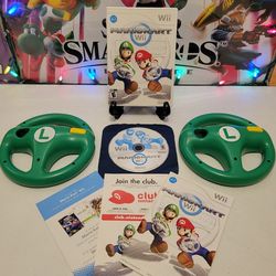 Nintendo Wii Mario Kart Game Complete w/ Limited Edition Luigi Green Wheels Wii U