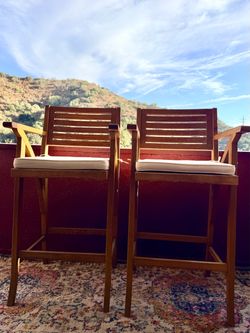 Outdoor Bar Height Wood Chairs/ Stools with Cushions – Set of 2