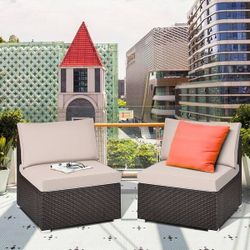 2-Piece Armless Rattan Sofa, Wicker Patio Sectional Sofa Set with Removable Cushions, Sturdy Steel Frame, Outdoor Furniture Set for Garden, Backyard,