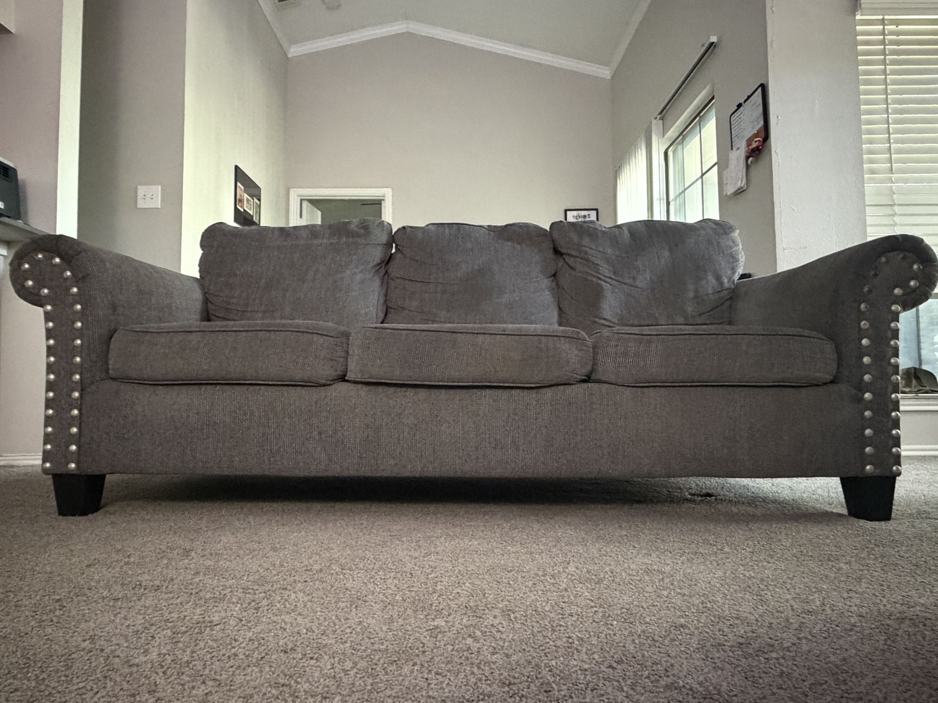 Gray 3-Seater Couch with Nailhead Trim (Negotiable)