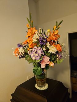 Large Silk Floral Arrangement in Glass Vase