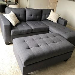 Brand New Grey Linen Sectional Sofa +Ottoman (New In Box) 