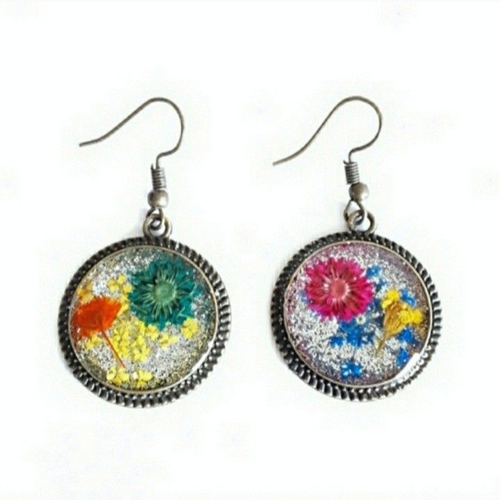 Round floral boho bohemian bronze dangle earrings with silver glitter new Handmade