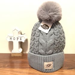 Gray Knitted Beanie With Faux Fur Pom