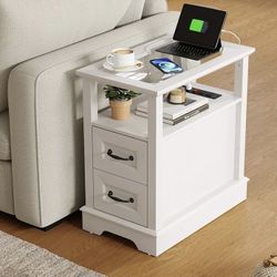 LINSY HOME Narrow End Table with Charging Station, Side Table with Glass Top, Open Shelf, and 2 Drawers, Small Sofa Table with Storage for Living Room