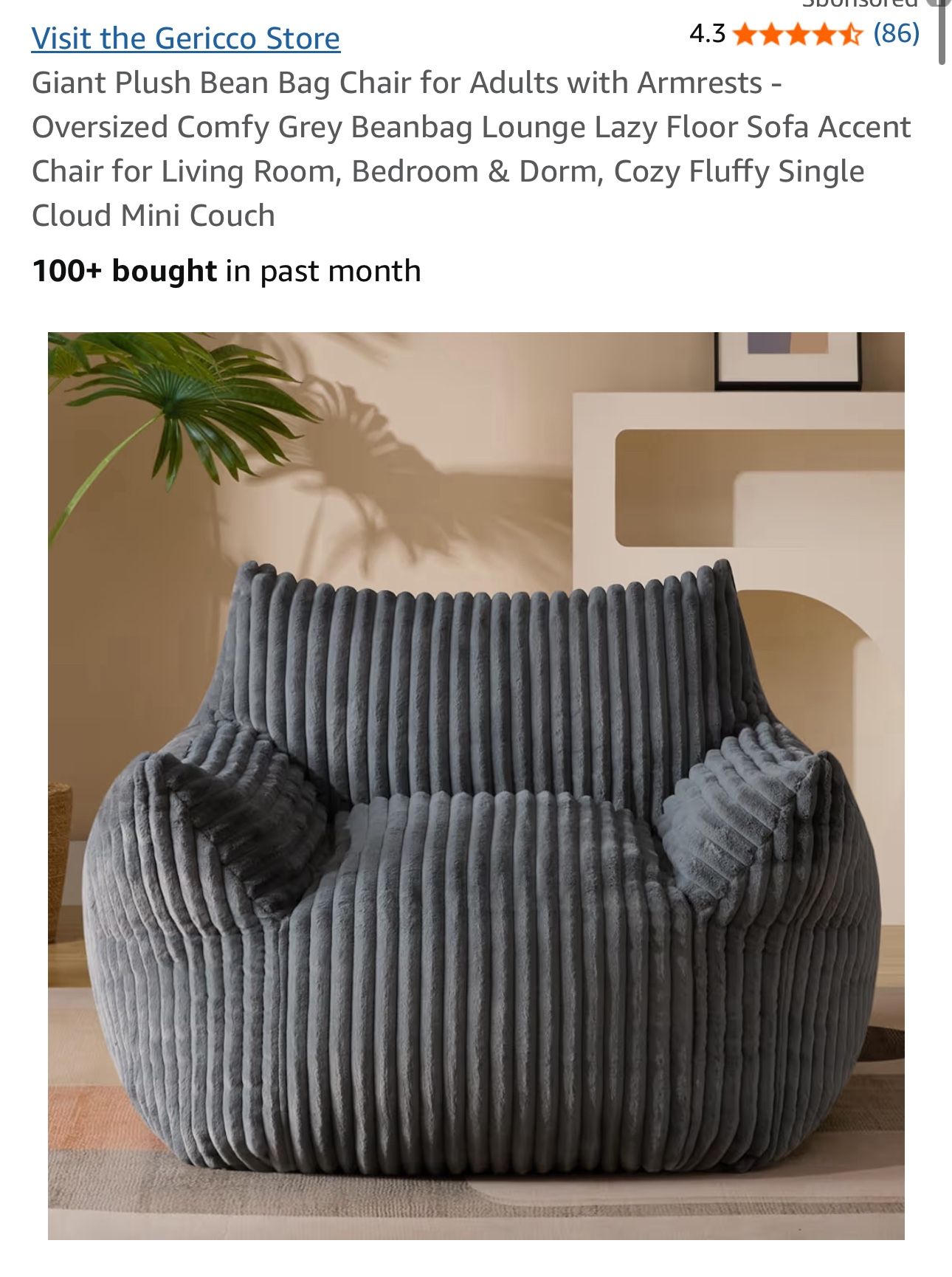 Giant Plush Bean Bag Chair for Adults with Armrests - Oversized Comfy