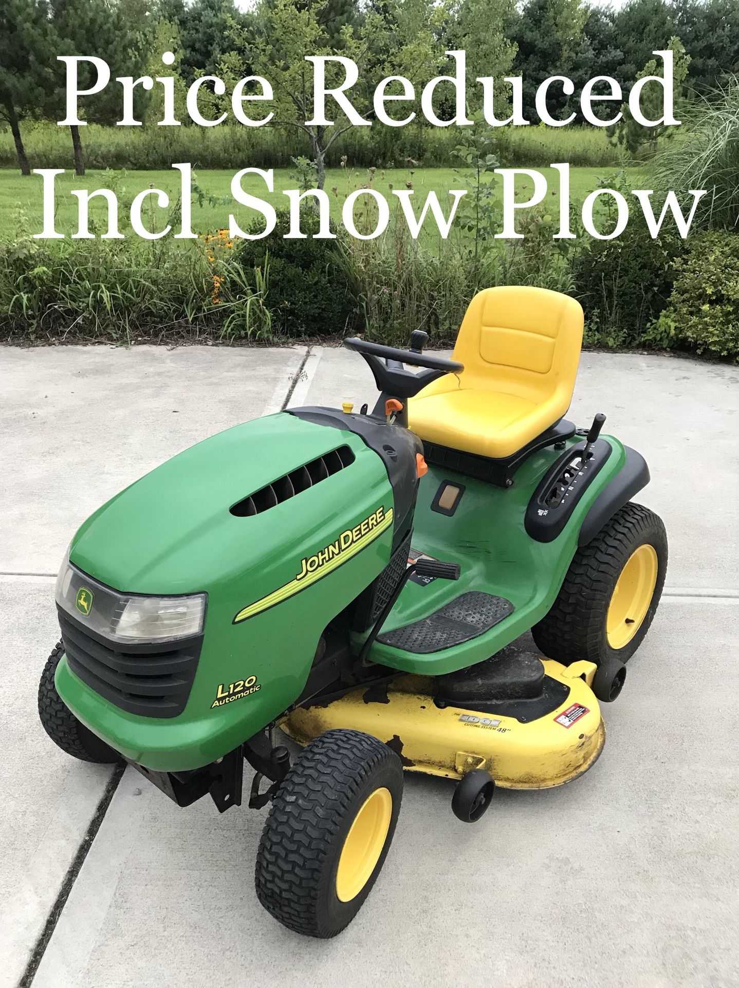 John Deere L120 Riding Lawn Mower w/ Snow Plow attachment