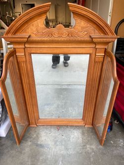 Large Ornate Wood Framed Trifold Mirror