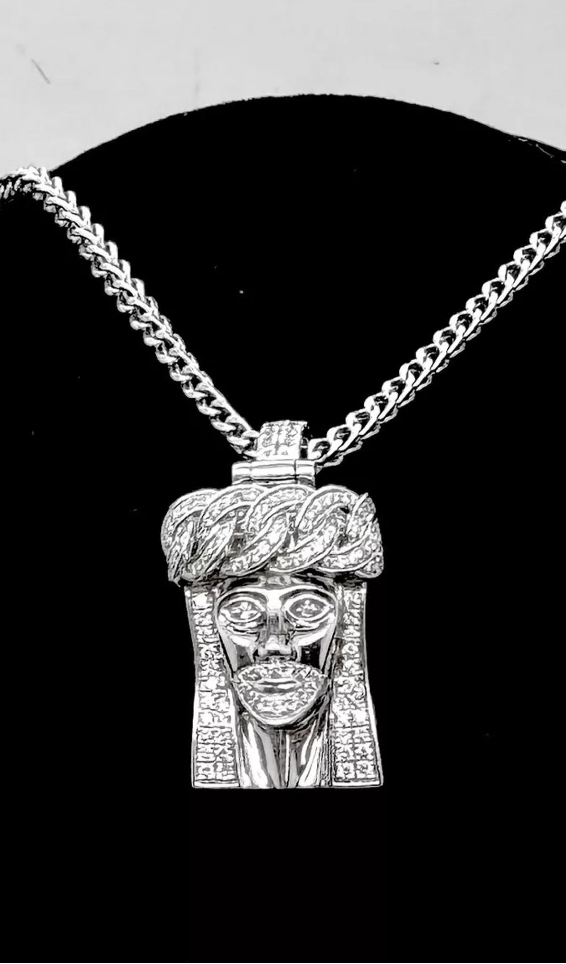 Men's 10K White Gold Chain W/ 14K White Gold Jesus Natural Diamonds Pendant