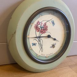 Vintage Flower Wall Clock With Butterfly And Bumblebee, Wooden Mint Frame