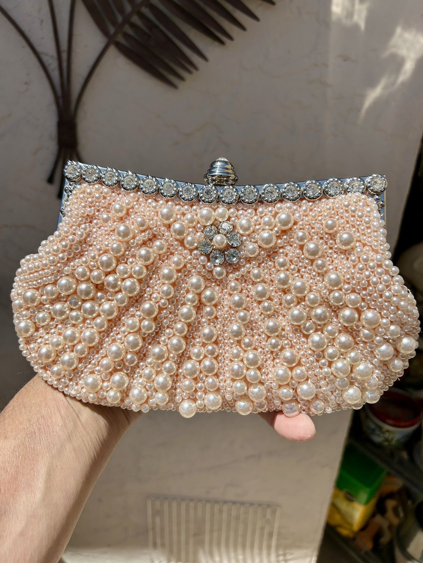 Gorgeous vintage pink pearl beaded evening clutch, wristlet, or shoulder bag.