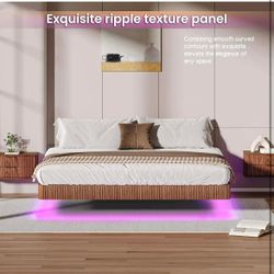 NEW IN BOX - King Floating Bed Frame with LED Lights, Walnut Wood Floating Bed Frame King, Wave Curve Wood Texture Bed with Heavy Duty Metal Slats