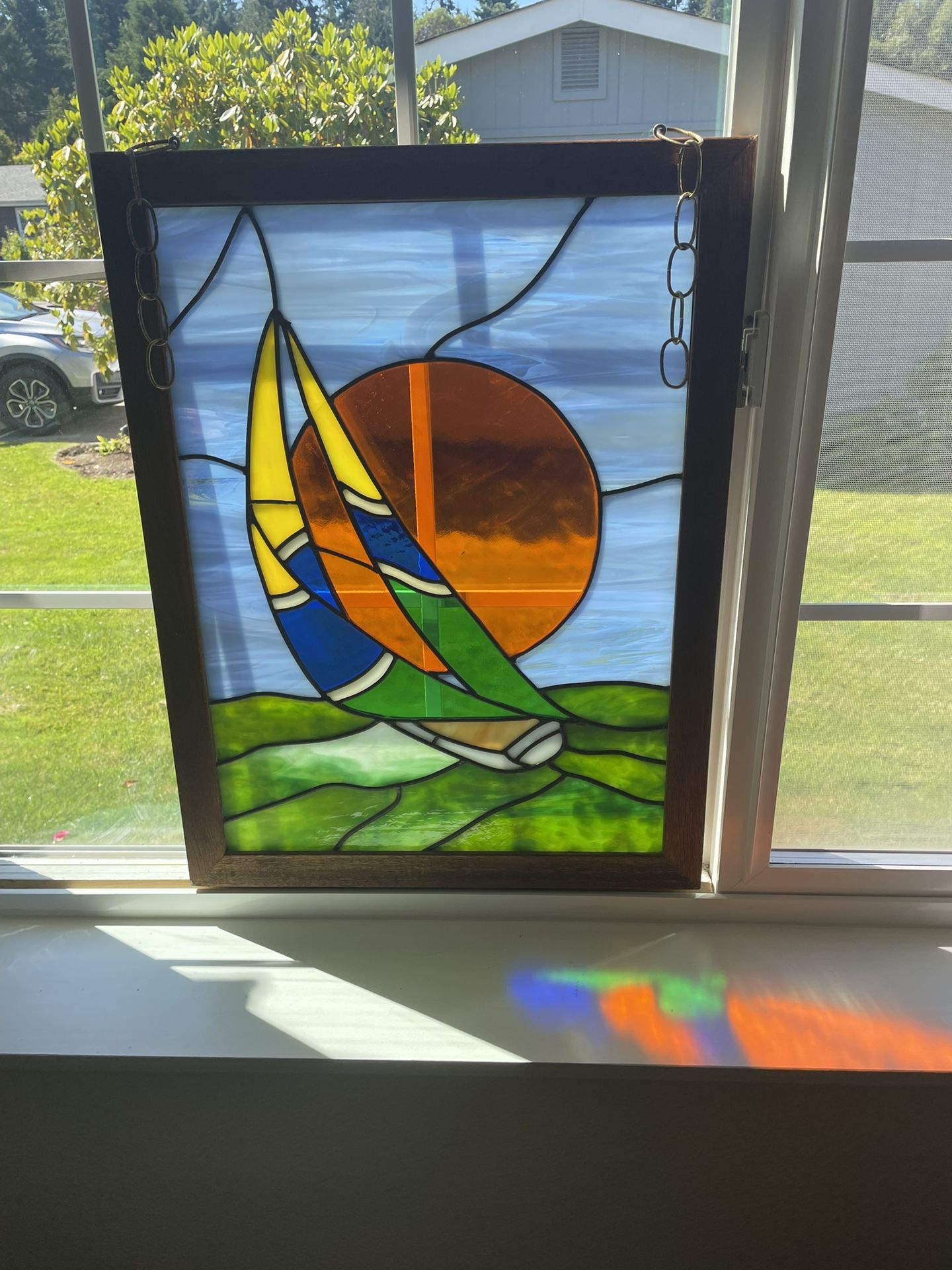 A Large Leaded Glass Sailboat In A Wood Frame(19”X25”)Great Nautical Sailing Theme in the Pacific NW