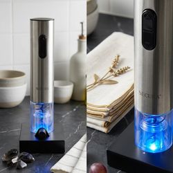 Secura Electric Wine Opener, Stainless steel electric wine opener with charging base.