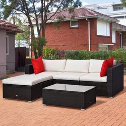 5-Piece Patio Furniture Set with Cushions, Outdoor PE Rattan Wicker Sofa Set, Sectional Furniture with Pillows, Glass Coffee Table for Garden, Backyar