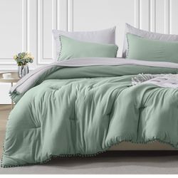 Brandnew  Twin Bed in a Bag 5-Pieces Reversible Comforter Set Twin, Pom Pom Fringe Bedding Comforter Set Green Bed Set with Comforter, Pillow Shams, F