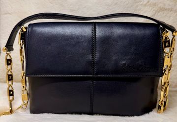 Vintage Paloma Picasso Black Leather Bag w/Gold Chain Strap, Made In Italy