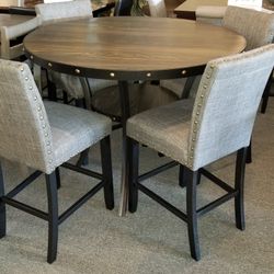 Brand New 48" Gray Round Pub High Dining Table + 4 Gray Linen Chairs