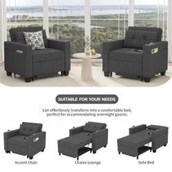 DURASPACE 39" Futon Chair Bed Convertible Chair 3-in-1 Pull Out Sleeper Reading Chair Beds with USB, Armchair Sleeper Bed for Living Room, Dorm, Small