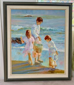 Large Framed Impressionist painting of a sunny beach