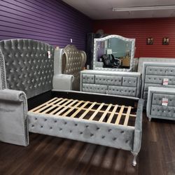4,Pc Queen Bedroom Set Queen Bedframe Dresser Mirror Nightstand