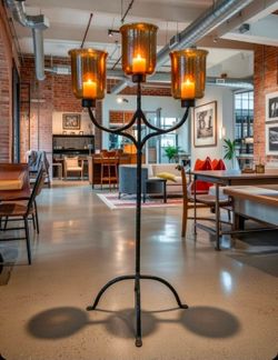 Rustic Industrial Hammered Wrought Iron and Smoked Glass Three Arm Floor Candelabra
