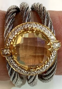 Charriol Citrine/Diamond Size 6.5-8 Cocktail Ring of Stainless/18KGold