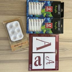 art supplies (acrylic paint, stencils, paint pallets)