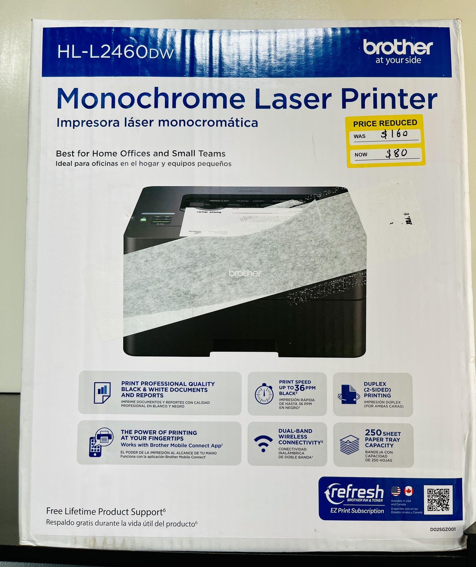 Brother HL-L2460DW Wireless Compact Monochrome Laser Printer with Duplex, Mobile Printing, Black & W
