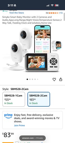 Simyke Smart Baby Monitor w/ 2 Cameras, 2-way Audio, App, Long Range,Night Vision,Temperature Sensor,2 Way Talk, Feeding Clock and lullabies,Home Use