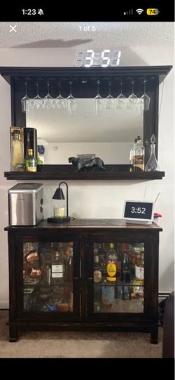 Dark Wood Bar Cabinet with Mirror and Glass Rack