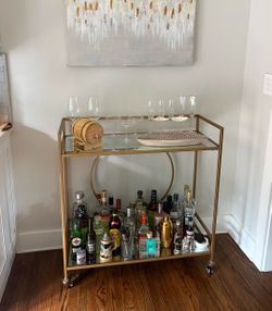 Gold Bar Cart with Mirrored Shelves (alcohol not included)