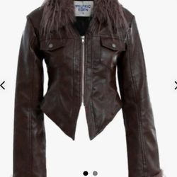 Women’s Large***Aelfric Eden Womens Leather Jacket Zipper Fashion Vintage Furry Paneled Faux Leather Coat

