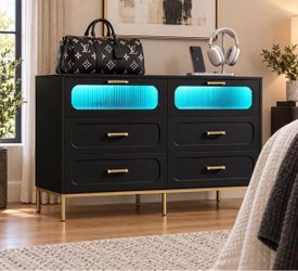 🔥 Dresser 6 drawers with LED lights , black brand new , perfect for bedroom M-28