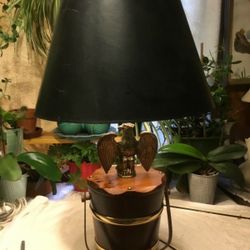 Vintage Wooden Bucket w handle Brass Eagle Table Lamp by Basketville Vermont