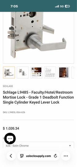 Schlage L9485 - Faculty/Hotel/Restroom Mortise Lock - Grade 1 Deadbolt Function Single Cylinder Keyed Lever Lock, 626 - Satin Chrome