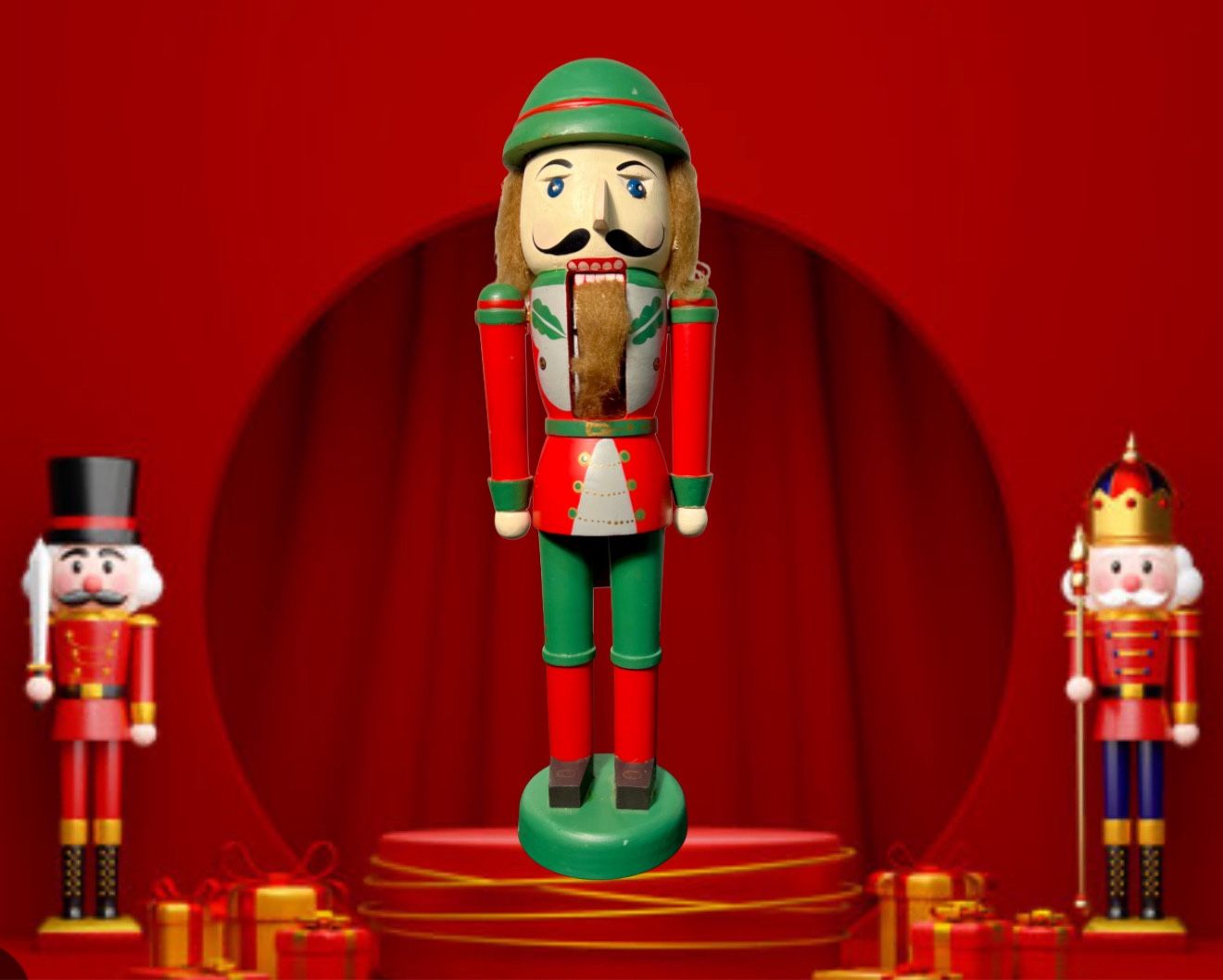 Vintage 1990s Wooden Nutcracker Soldier In Green Red Uniform, 15”