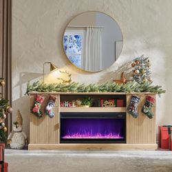 NEW-Fluted Fireplace TV Stand for TVs Up to 80 inch, Modern Entertainment Center with 36" Electric Fireplace, Wood Media Console w/Drawers and Adjusta