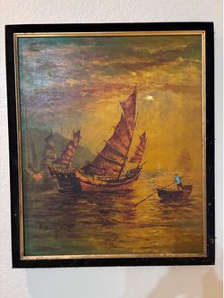 Antique Oriental Junk Ship Painting - Oil on canvas - signed