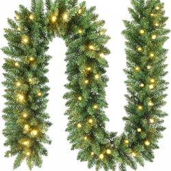 2-Pack 9FT Pre-Lit Artificial Christmas Garland with 50 LED Lights and Realistic Classic Evergreen Pine Spruce for Mantle Stair Railing Indoor Outdoor