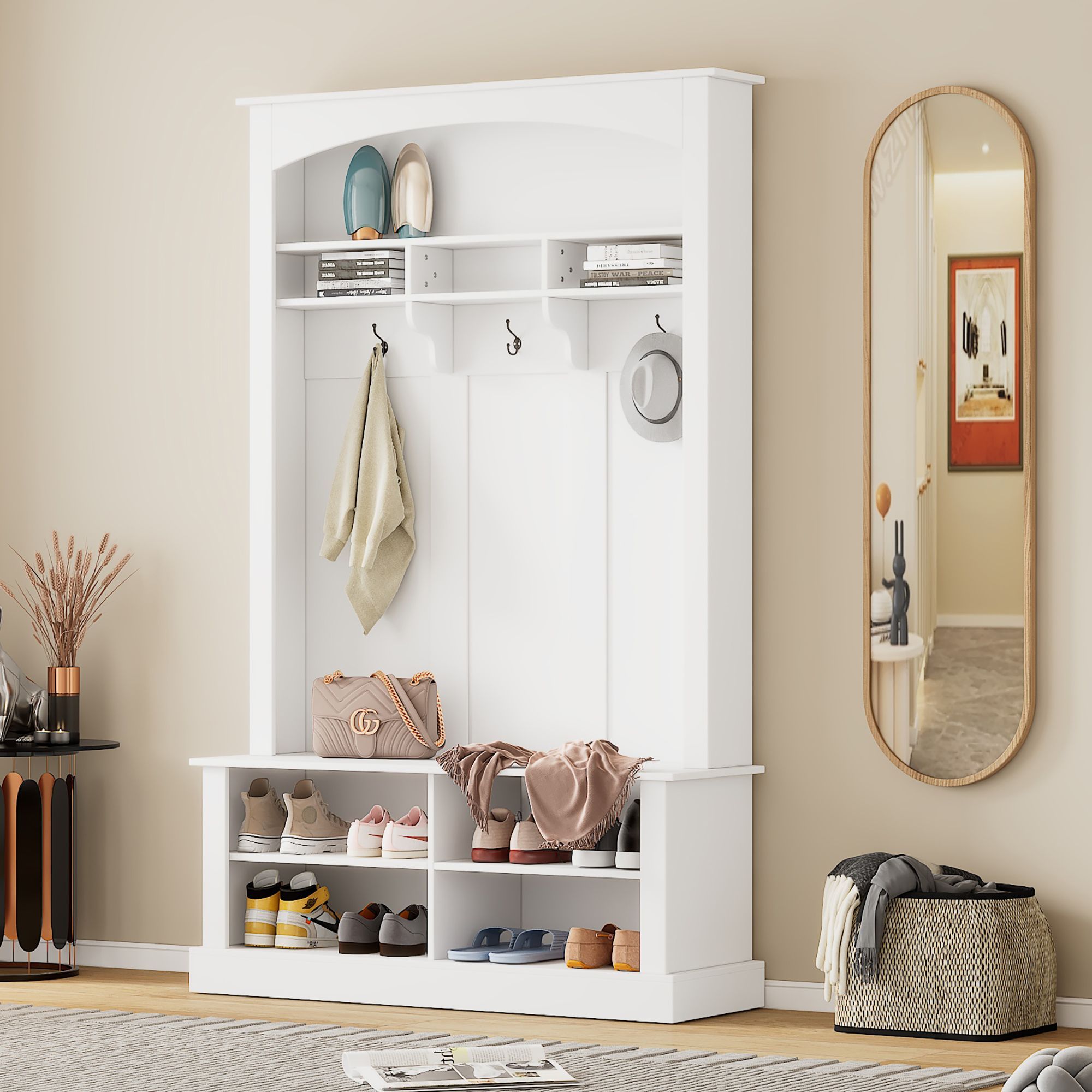 ON-TREND 47.2'' Wide Hall Tree with Bench and Shoe Storage, Multi-functional Storage Bench with 3 Hanging Hooks & Open Storage Space, Rectangle Storag