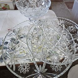 Vintage Cut Glass Crystal Serving Platters And Bowl