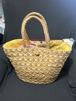 Lancome yellow vintage tote straw bag