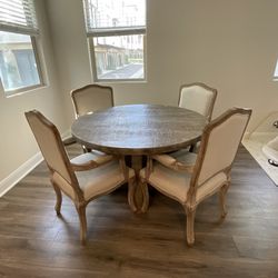 Restoration Hardware Dining Set | Reclaimed Oak Round Table + 4 RH Camelback Armchairs | RH Grey Oak