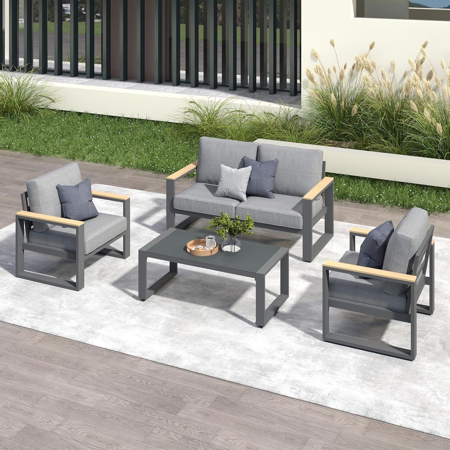Aluminum Outdoor Patio Furniture Set with Height-adjustable Footrest for Lawn Porches Patio