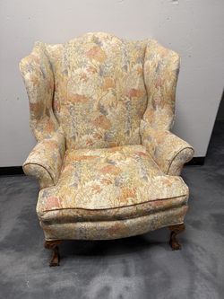 Floral Tapestry Wingback Armchair with Carved Wood Feet
